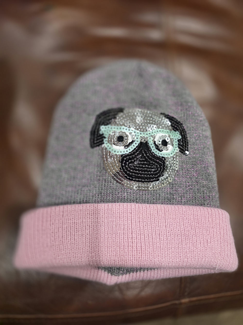 Kids Sequin Pug Beanie Hat - Gray with Pink Cuff